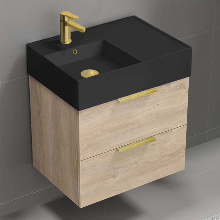 Nameeks DERIN196 Modern Bathroom Vanity With Black Sink, Small, Floating, 24 Inch, Brown Oak